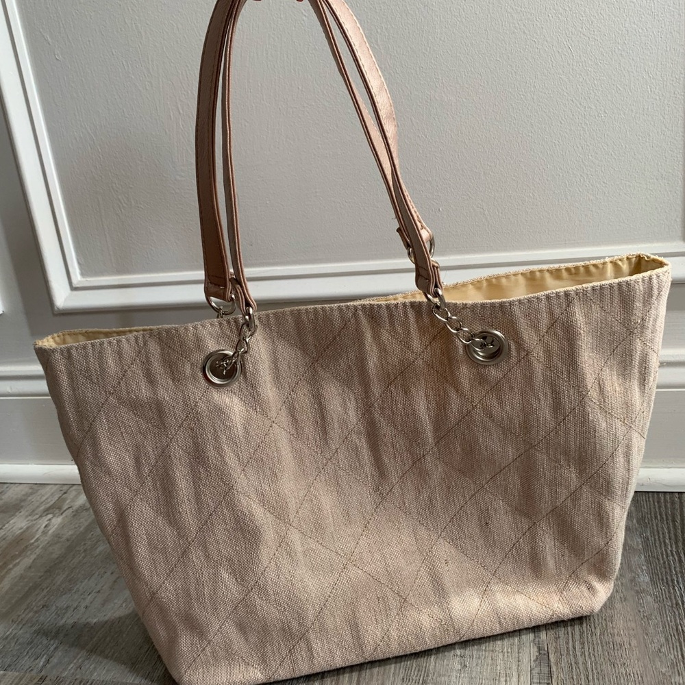 Linen Tote Bag Champagne Color  Lined Very clean Gold Hardware
